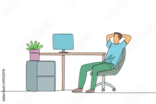 Single one line drawing relaxed man sitting in a work chair with his hands behind his head. Work overtime on weekends. Relax for a moment from busy routine. Continuous line design graphic illustration