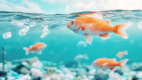 Fish Swimming Through Plastic Pollution in Ocean.