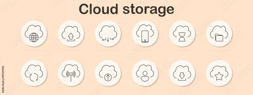 Cloud storage set icon. Upload, download, synchronization, file sharing, data transfer, security, mobile access, global network, backup, time management, file management, wireless Cloud storage set icon. Upload, download, synchronization, file sharing, data transfer, security, mobile access, global network, backup, time management, file management, wireless
