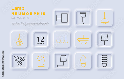 Lamp set icon. Indoor lighting, lamps, chandeliers, light fixtures, home decor, illumination, neomorphic style, interior design