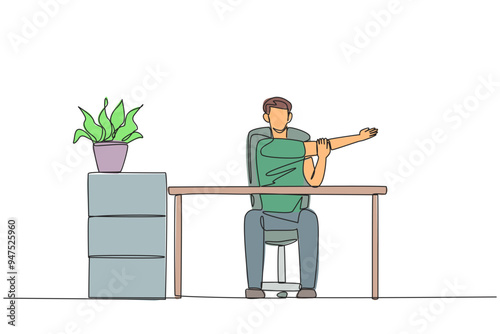 Single continuous line drawing man sitting in a work chair with his arms crossed. Stretching. Do normal things to make work lighter. Excited even though overtime. One line design vector illustration