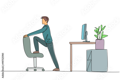 Single one line drawing the man stands while lifting one of his legs onto a chair. Work overtime on weekends. Balance work and exercise. Keeping focused. Continuous line design graphic illustration