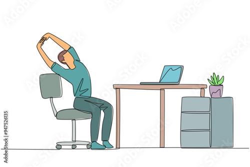 Continuous one line drawing man sitting in work chair while raising both hands. Stretching. Excited to do overtime on weekends. Light exercise during work. Single line draw design vector illustration