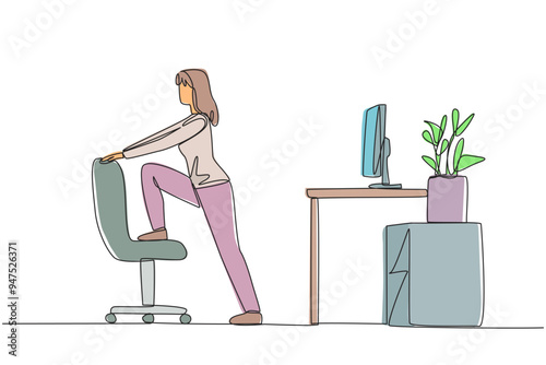 Single one line drawing the woman stands while lifting one of her legs onto a chair. Warm up before facing a lot of work. Working overtime on the weekend. Continuous line design graphic illustration