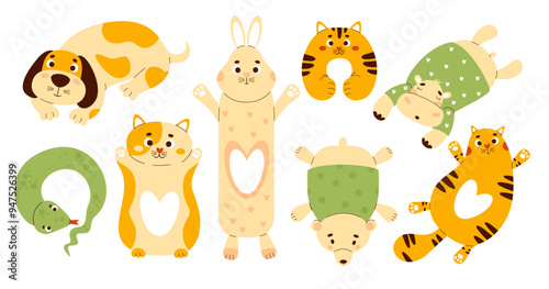 Collection of children plush animal toys. Soft large anti-stress cuddly oversized toy pillows - dog, rabbit, cat, bear, hippopotamus and snake neck pillow. Isolated vector illustrations