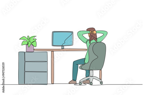 Single continuous line drawing woman sitting in chair with her hands holding the back of head. Flustered. Do a little movement to relax and feel comfortable. Work. One line design vector illustration