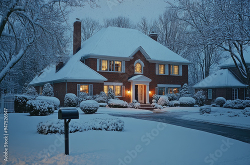 A large, two-story brick house with white trim in the suburbs of Weatherby Lake.  photo