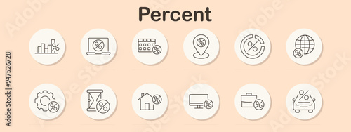 Percent icon set. Various percentage symbols and related items such as graphs, calculators, and discounts for financial, business, and statistical purposes