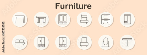 Furniture icon set. Different symbols including tables, chairs, wardrobes, and dressers for home and office interior design and organization