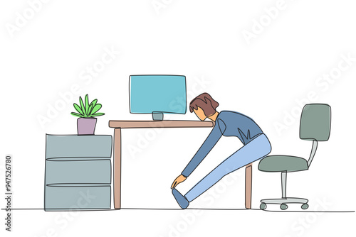 Continuous one line drawing woman sits in work chair with legs straightened, hands hold it. Stretching is necessary to avoid stress. Overtime on weekend. Single line draw design vector illustration