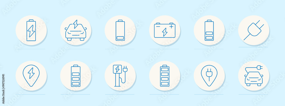 Electric vehicle icon set. Various symbols including charging stations, batteries, and plugs for electric cars, renewable energy, and green transportation themes