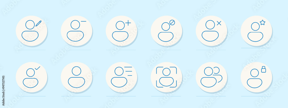 User account icon set. Profile, add, remove, edit, and settings symbols for social media, identification, and personal management themes User account icon set. Profile, add, remove, edit, and settings symbols for social media, identification, and personal management themes