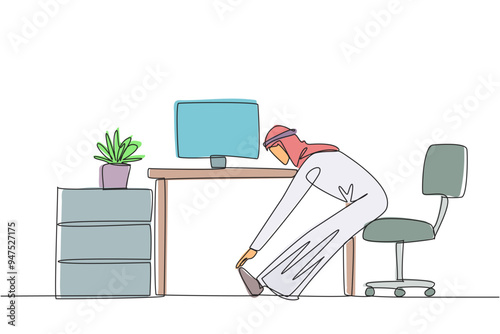 Continuous one line drawing Arab man sits in work chair with legs straightened, hands hold legs. Stretching. Avoid minor injuries due to sitting too long. Single line draw design vector illustration