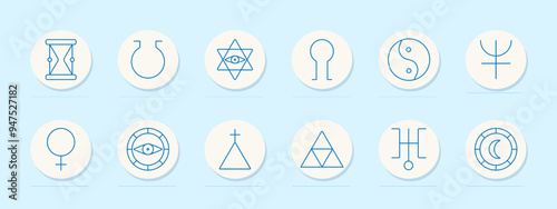 Symbol and iconography set. Various symbols including hourglass, star, eye, and cross for time, religion, spirituality, and esoteric themes