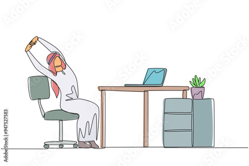 Single one line drawing Arabian man sitting in work chair while raising both hands. Stretching. Working too long in front of the laptop. Overtime. Hectic. Continuous line design graphic illustration