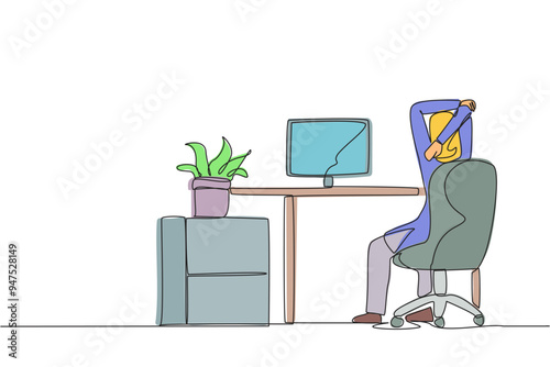 Continuous one line drawing Arab woman sitting in a work chair warming up hands above her head. Stretch watching streaming video. Stay active even if busy. Single line draw design vector illustration