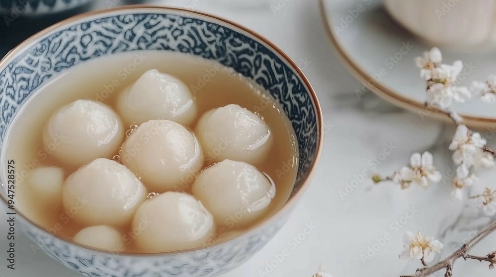 Delightful Homemade Red and White Tangyuan in Savory Soup Bowl on White Table Background Delightful Homemade Red and White Tangyuan in Savory Soup Bowl on White Table Background