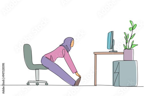 Continuous one line drawing Arabian woman sitting in work chair with legs straightened. Stretching. Flex muscles. Ready to work overtime on the weekend. Single line draw design vector illustration