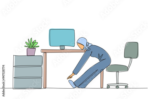 Continuous one line drawing Arabian woman sitting in work chair with legs straightened. Stretching. Focus improves. Not sleepy. Completed work. Hectic. Single line draw design vector illustration