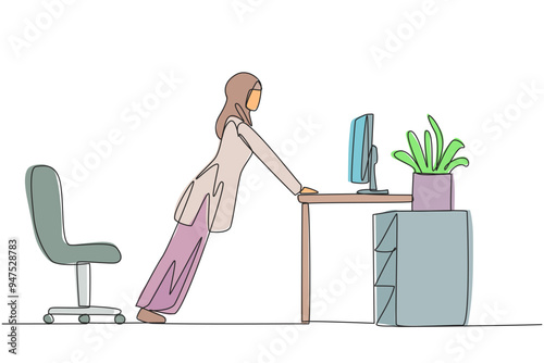 Single one line drawing Arabian woman do push up movements by holding edge of work table. Exercise for while to get rid of drowsiness. Overtime on weekend. Continuous line design graphic illustration