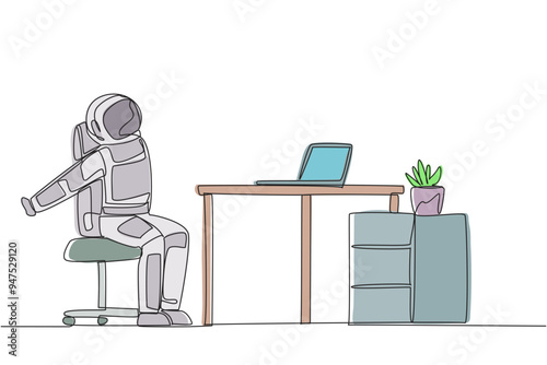 Single continuous line drawing astronaut sitting in work chair stretching arms behind back. Relax. Stretch arms because hand muscles are starting to feel stiff. One line design vector illustration