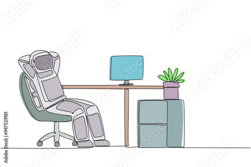 Single one line drawing relaxed astronaut sitting in a work chair with his hands behind his head. Relaxing. A break from a lot of space reporting work. Continuous line design graphic illustration