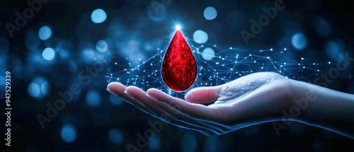 Digital Red Drop of Blood Floating Above Hand. Generative ai photo