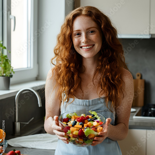 woman holding a bowl of fruit salad photo