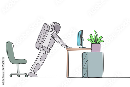 Continuous one line drawing astronaut do push up movements by holding edge of work table. Muscle training to stay fit. Preparing for a space expedition. Single line draw design vector illustration