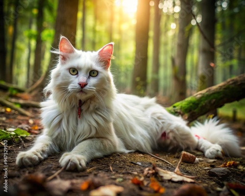 A serene white long-haired cat rests among trees in a forest during a glowing sunset. The warm hues highlight the pet's fluffy coat and the tranquil nature surroundings.
 photo