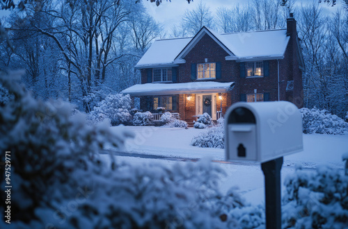 A large, two-story brick house with white trim in the suburbs of Weatherby Lake.  photo