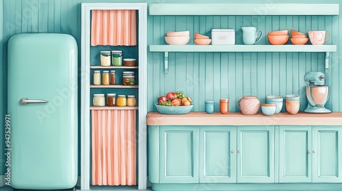 A warm kitchen with vintage appliances and a pantry filled with colorful ceramics and artisanal foods, Artistic, Watercolor