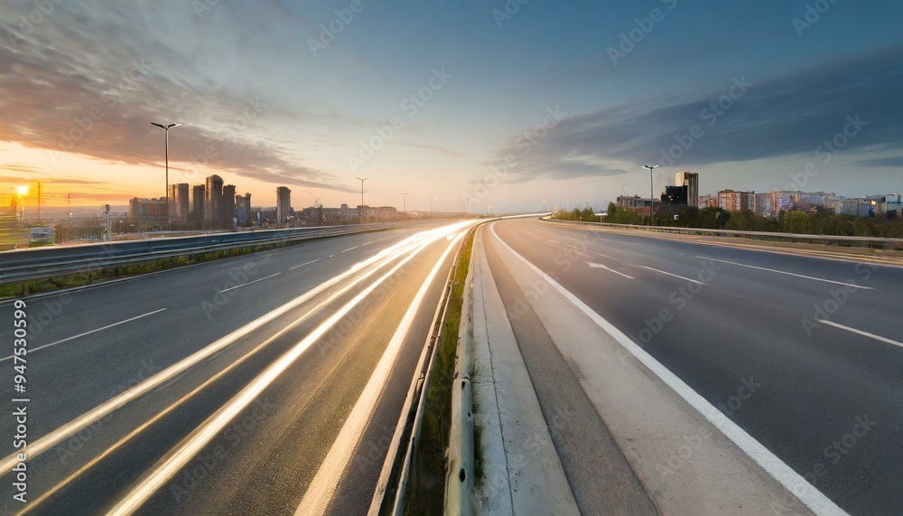 Fototapeta premium wide angle photo of a city road with a speed blur in the evening.transportation, freeway, drive, transport, way, driving, 