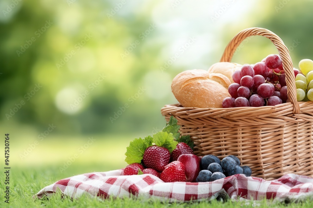 A beautifully arranged fruit basket with grapes, strawberries, and croissants on a picnic blanket in a serene outdoor setting. A beautifully arranged fruit basket with grapes, strawberries, and croissants on a picnic blanket in a serene outdoor setting.