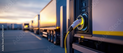 Close-up of Electric Truck Charging at Station During Sunset. Generative ai photo