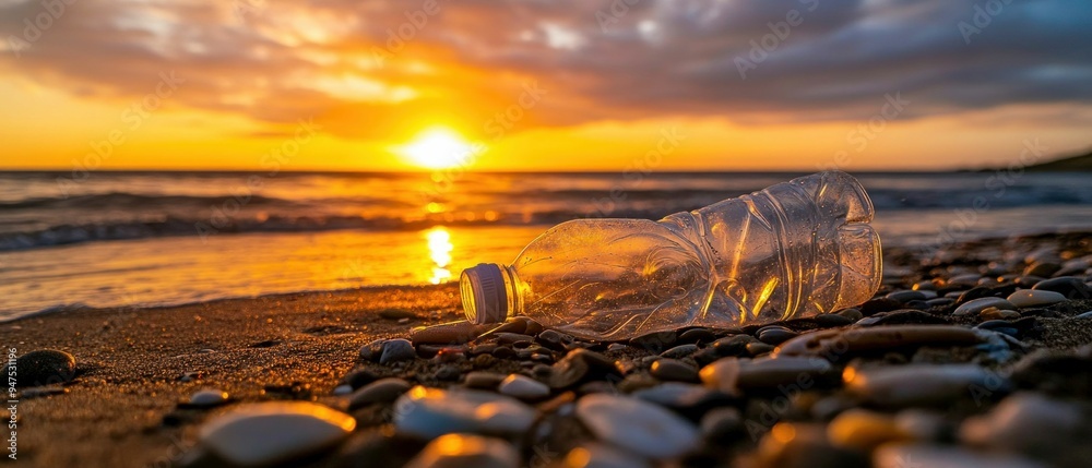 Obraz premium Plastic Bottle on Rocky Beach at Sunset. Generative ai