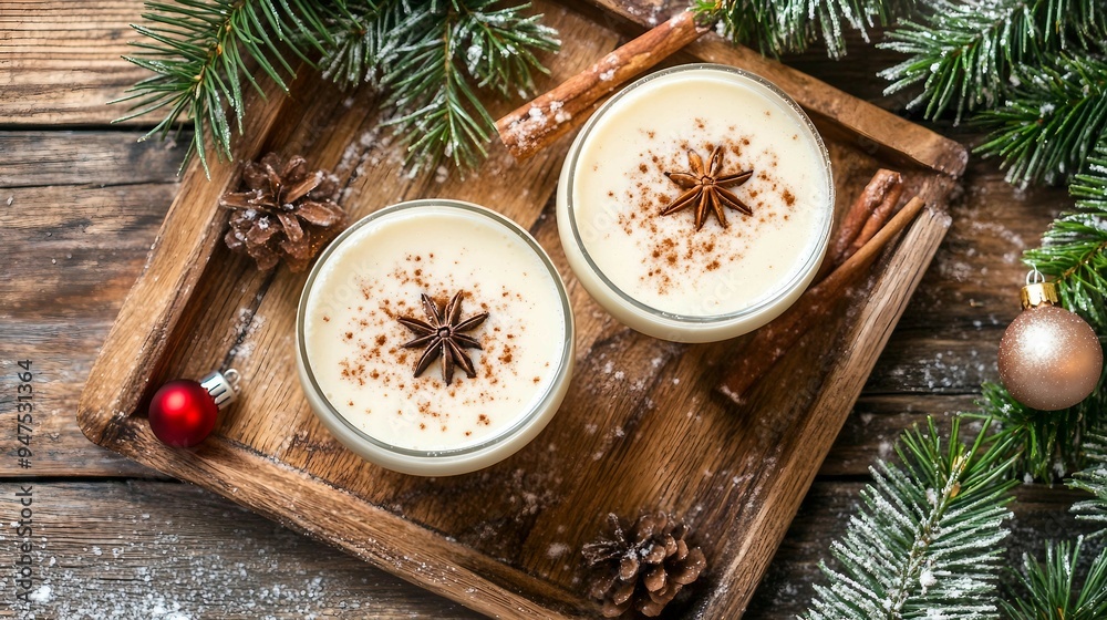 Festive Eggnog Delight on Wooden Tray - Top View of Christmas Cocktail in Coupe Glass Festive Eggnog Delight on Wooden Tray - Top View of Christmas Cocktail in Coupe Glass