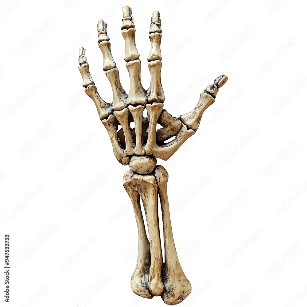 A detailed skeletal hand and forearm isolated on white. A detailed skeletal hand and forearm isolated on white.