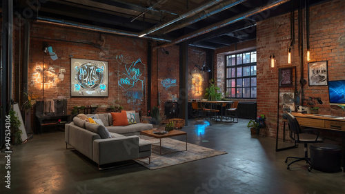 Industrial Meets Cyberpunk in Urban Loft Design.AI Generated