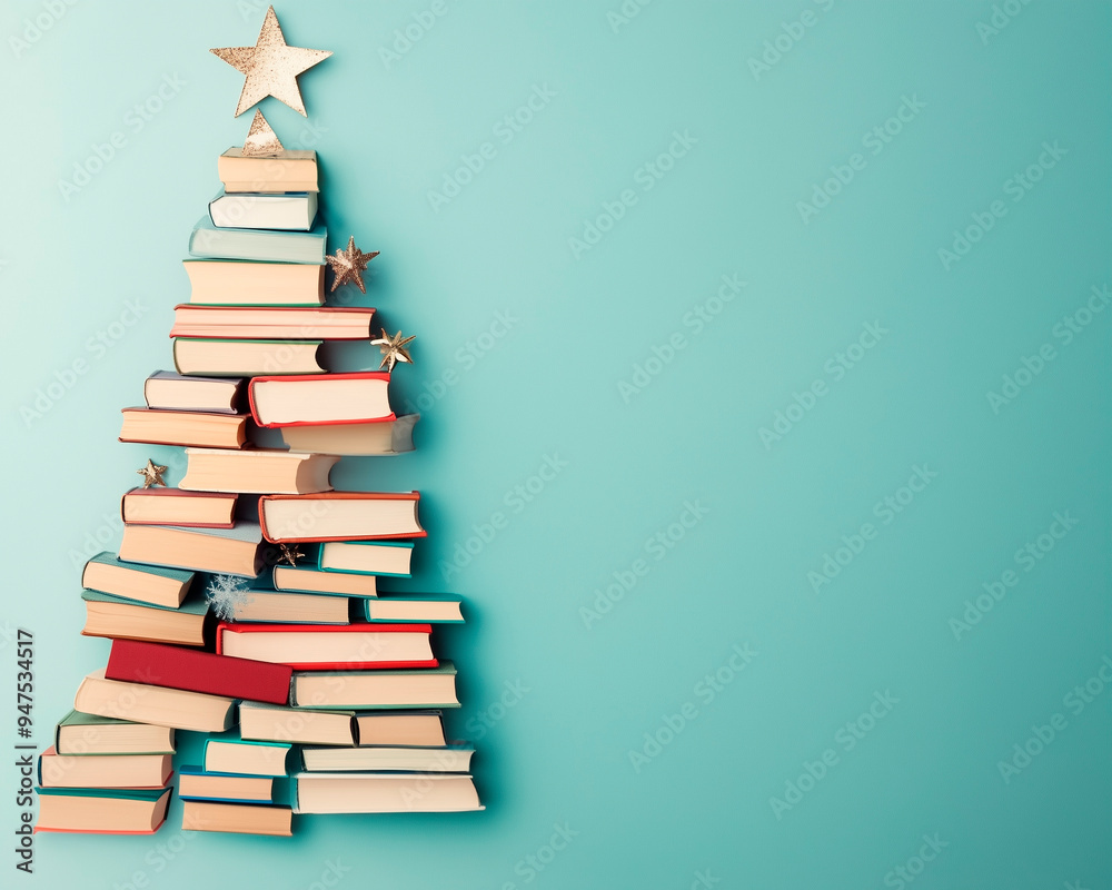 banner/design/wallpaper top view xmas tree made of books , solid  blue background, space for copy
