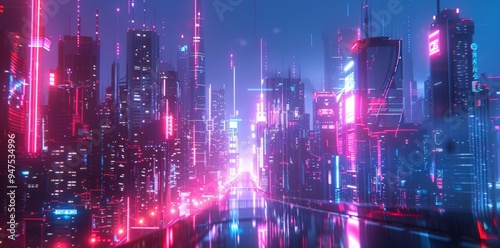 A vibrant depiction of digital data streams flowing through a futuristic neon cityscape.