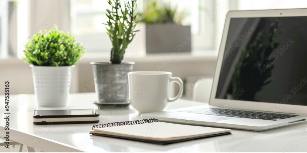 A modern Minimalist home office setup with a laptop Notebook And coffee cup on a clean white desk A modern Minimalist home office setup with a laptop Notebook And coffee cup on a clean white desk