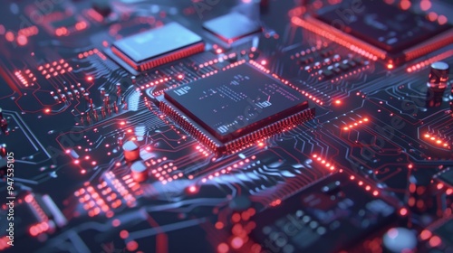 Circuit Board Close-Up with Glowing Red Lights