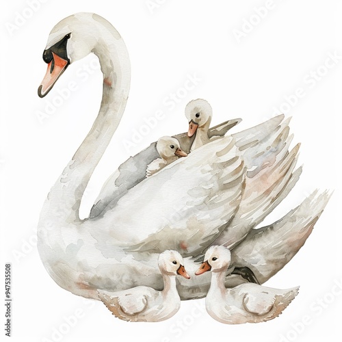 Fototapeta Naklejka Na Ścianę i Meble -  Graceful swan with cygnets single object clipart