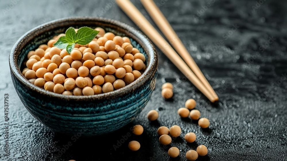 Traditional Japanese Natto: Top View of Fermented Soybeans with Copy Space for Text Traditional Japanese Natto: Top View of Fermented Soybeans with Copy Space for Text