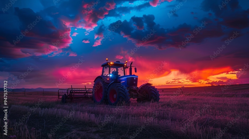 Fototapeta premium a neon-lit tractor set against a twilight sky in a field.
