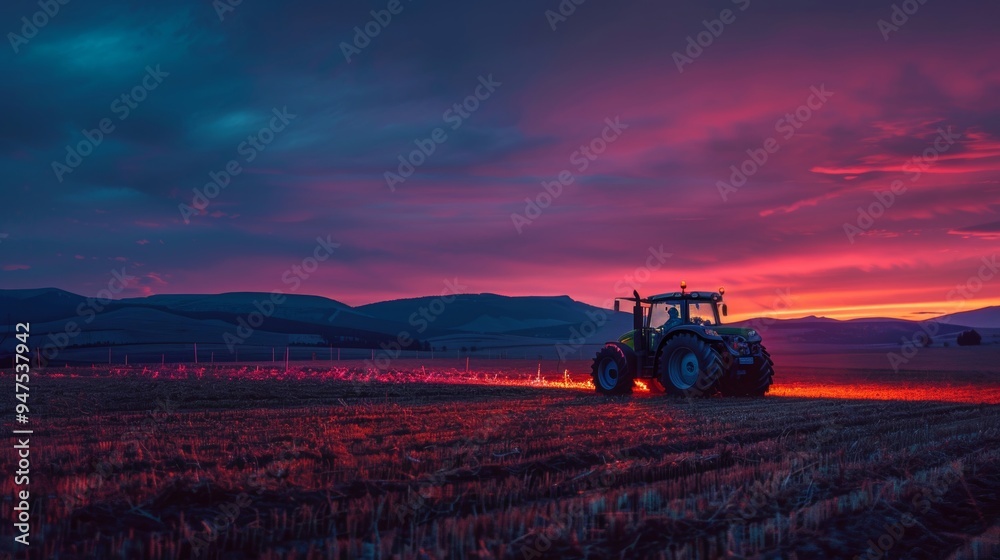 a neon-lit tractor set against a twilight sky in a field. a neon-lit tractor set against a twilight sky in a field.