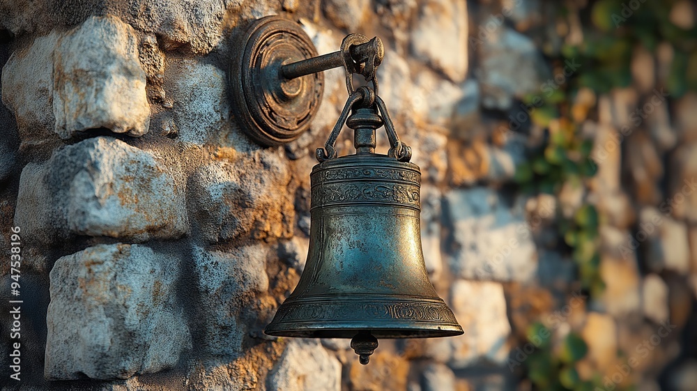Fototapeta premium Antique metal bell mounted on a stone wall