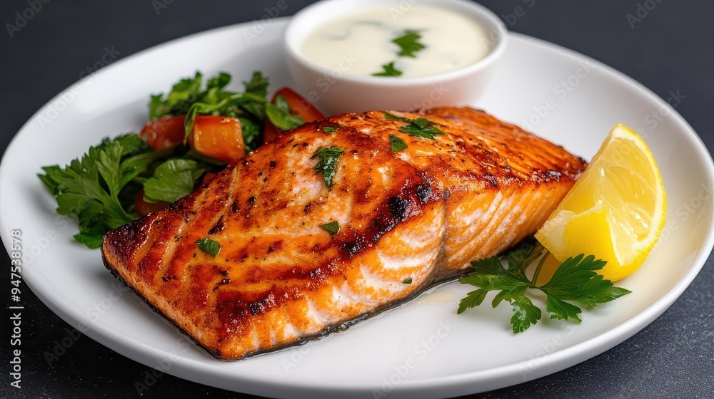A delicious grilled salmon fillet served with fresh herbs, lemon, and a creamy dipping sauce on a white plate. A delicious grilled salmon fillet served with fresh herbs, lemon, and a creamy dipping sauce on a white plate.