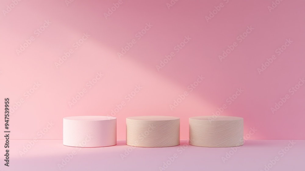 Three podiums against a pink backdrop Three podiums against a pink backdrop